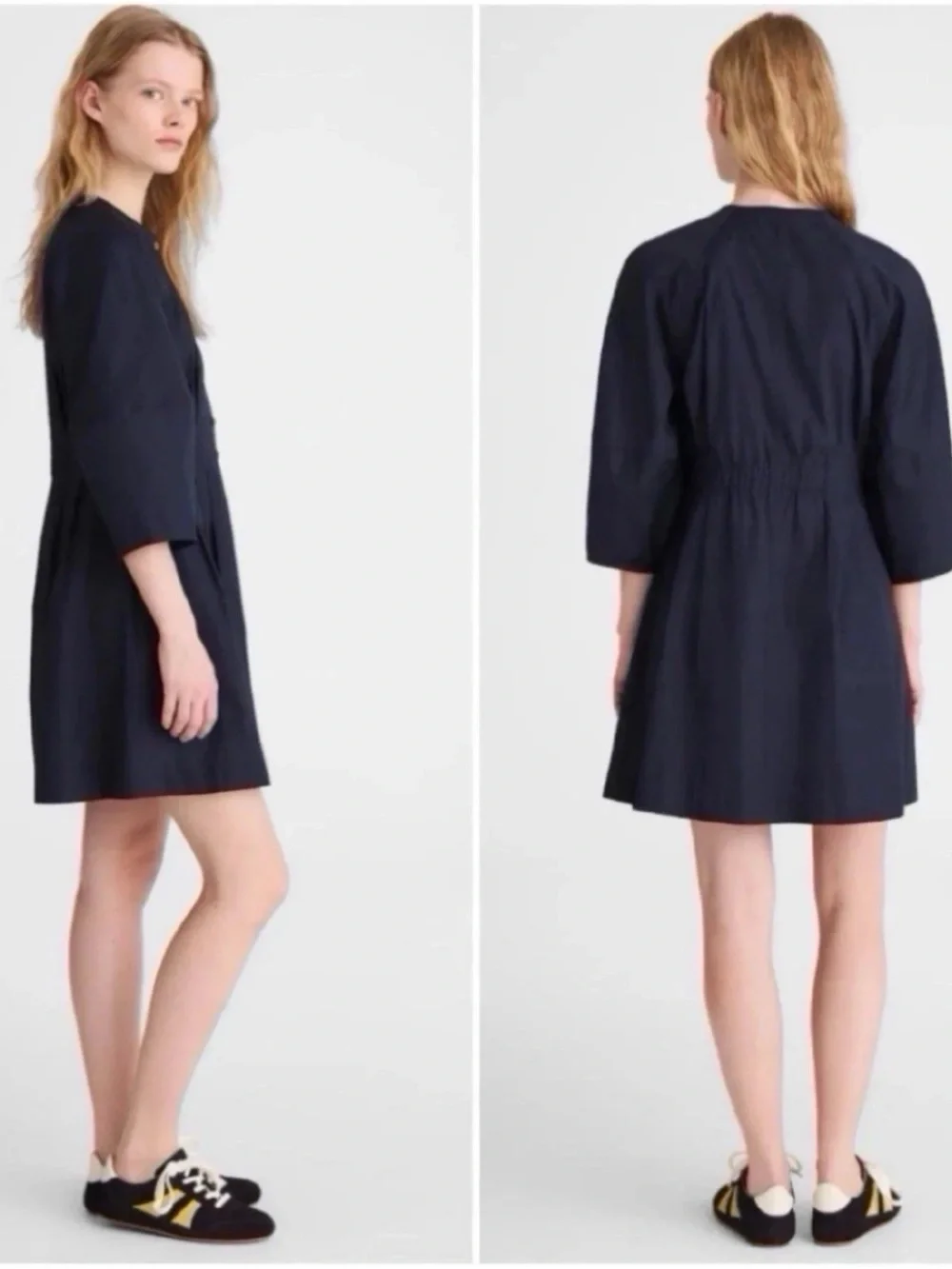 Madewell Sculptural-Sleeve Pleated Mini Dress‎ Navy Blue 8 NEW Dark Academia